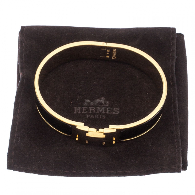 Pre Owned Hermès Clic H Black Enamel Gold Plated Narrow Bracelet PM