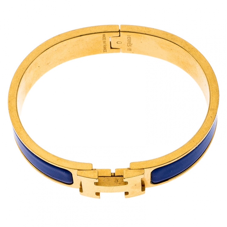 Pre Owned Hermes Clic H Blue Enamel Gold Plated Narrow Bracelet PM