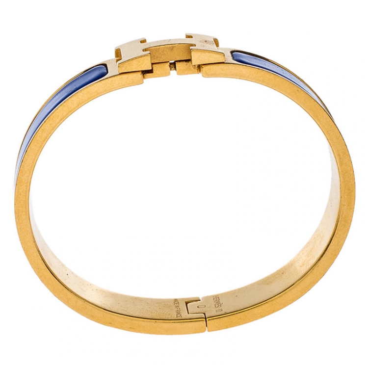 Pre Owned Hermes Clic H Blue Enamel Gold Plated Narrow Bracelet PM