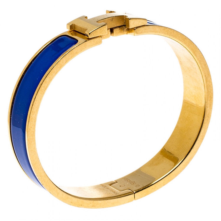 Pre Owned Hermes Clic H Blue Enamel Gold Plated Narrow Bracelet PM