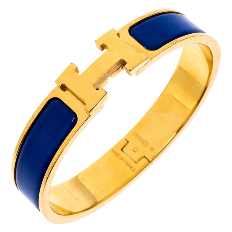 Pre Owned Hermes Clic H Blue Enamel Gold Plated Narrow Bracelet PM