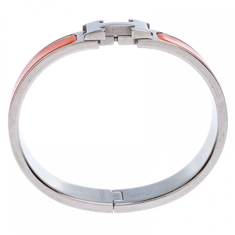 Pre Owned Hermes Clic H Orange Enamel Palladium Plated Bracelet PM