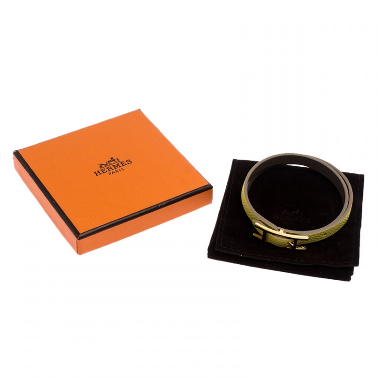 Pre Owned Hermes Lime Green and Grey Leather Behapi Reversible Double Tour Bracelet M