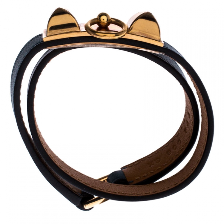 Pre Owned Hermes Teal Green Leather Rivale Double Tour Bracelet S