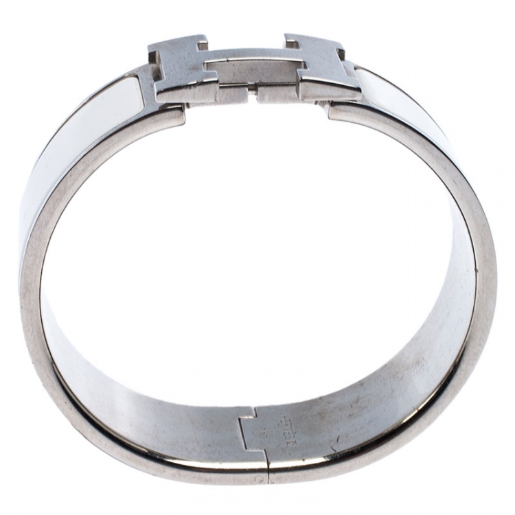 Pre Owned Hermès Clic Clac H White Enamel Palladium Plated Wide Bracelet PM
