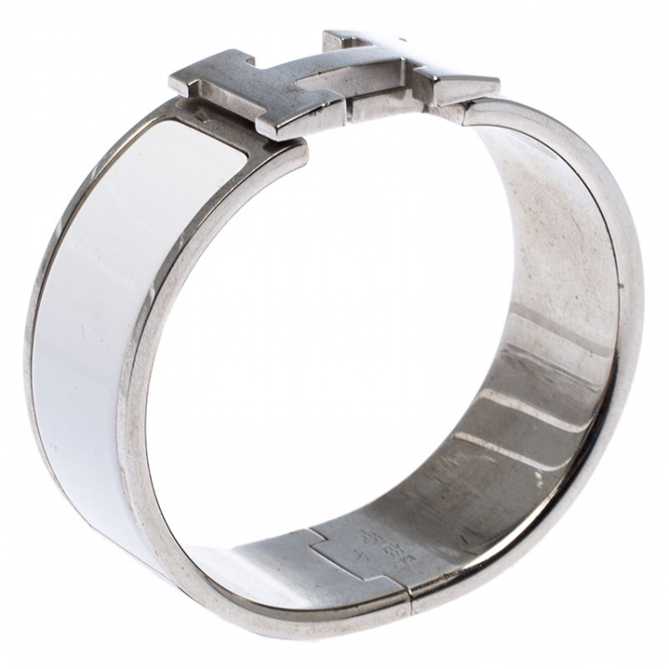 Pre Owned Hermès Clic Clac H White Enamel Palladium Plated Wide Bracelet PM