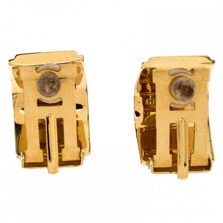 Pre Owned Hermes Printed Enamel Inlay Gold Plated Clip-on Earrings
