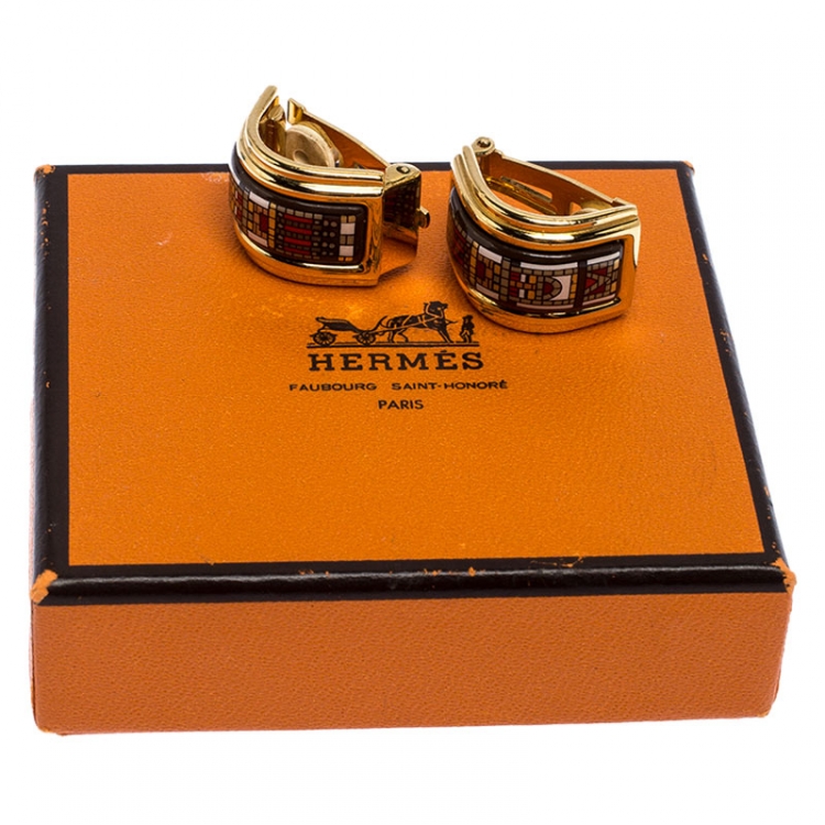 Pre Owned Hermes Printed Enamel Inlay Gold Plated Clip-on Earrings