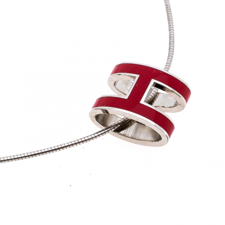 Pre Owned  Hermes Pop H Red Lacquer Palladium Plated Pendant 
