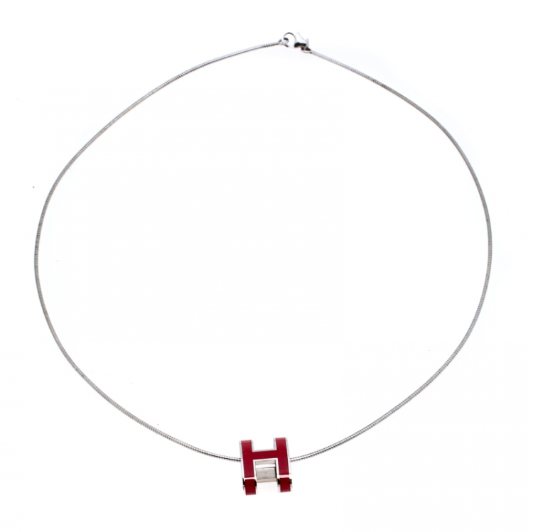 Pre Owned  Hermes Pop H Red Lacquer Palladium Plated Pendant 
