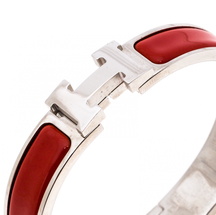 Pre Owned Hermès Clic H Red Enamel Palladium Plated Narrow Bracelet PM