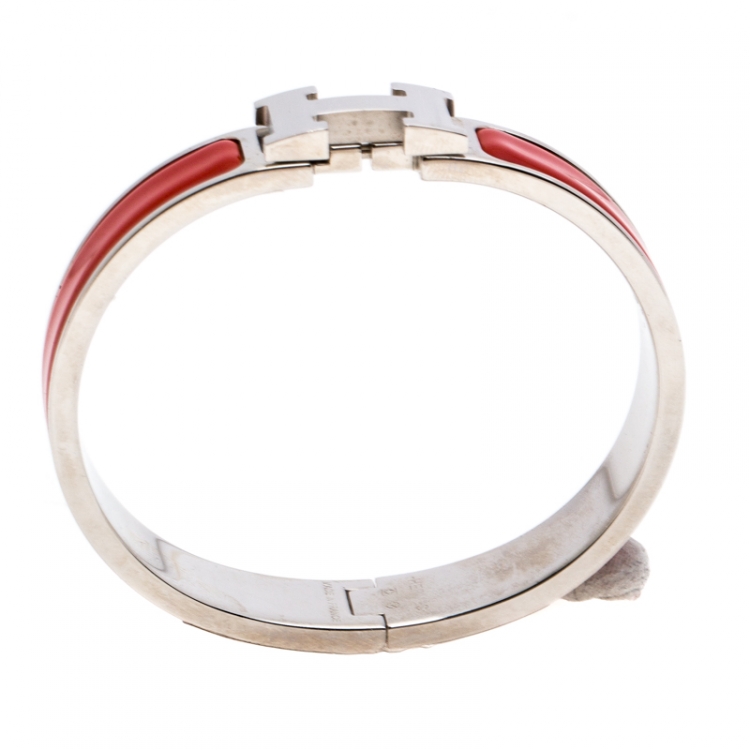 Pre Owned Hermès Clic H Red Enamel Palladium Plated Narrow Bracelet PM
