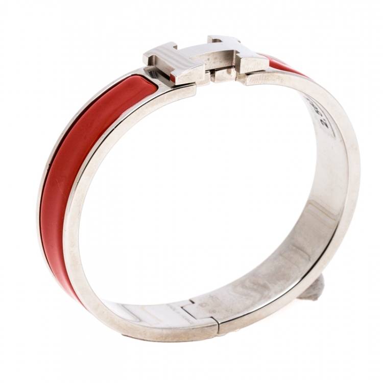 Pre Owned Hermès Clic H Red Enamel Palladium Plated Narrow Bracelet PM