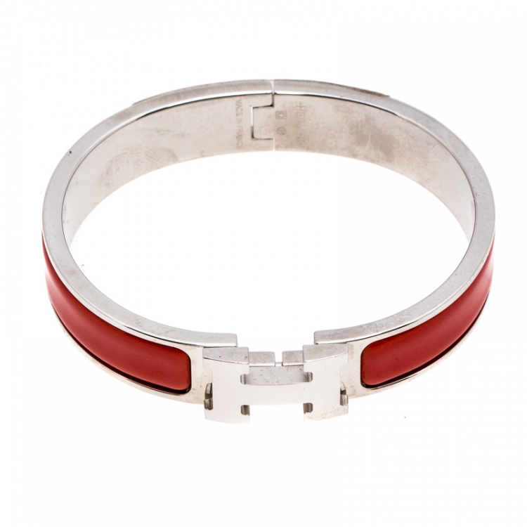 Pre Owned Hermès Clic H Red Enamel Palladium Plated Narrow Bracelet PM