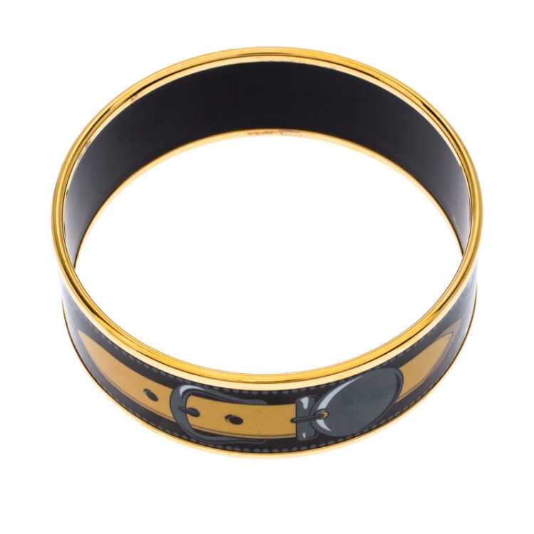 Pre Owned Hermes Black Printed Enamel Gold Plated Wide Bangle Bracelet