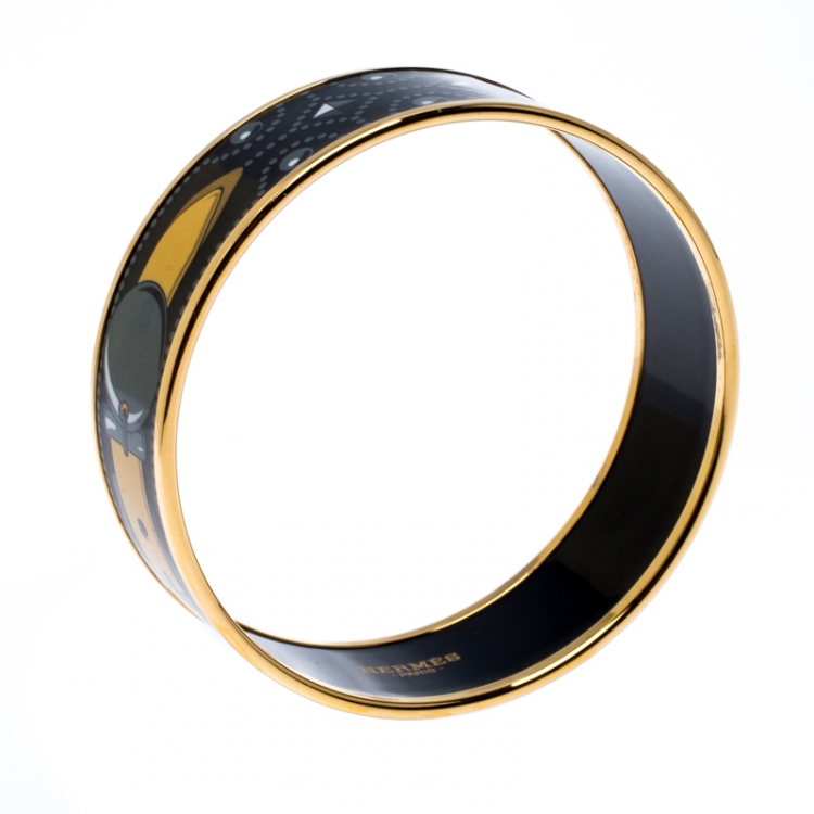 Pre Owned Hermes Black Printed Enamel Gold Plated Wide Bangle Bracelet