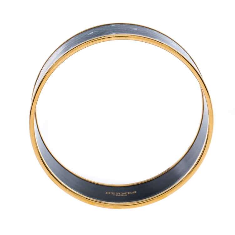 Pre Owned Hermes Black Printed Enamel Gold Plated Wide Bangle Bracelet