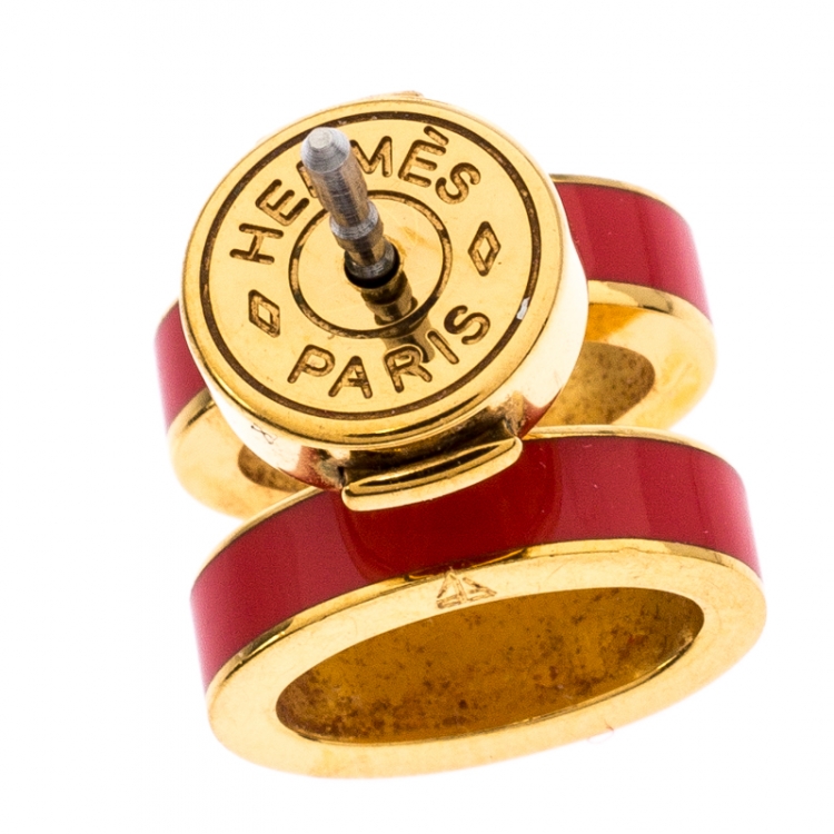 Pre Owned Hermes Pop H Pink Lacquered Gold Plated Stud Earrings
