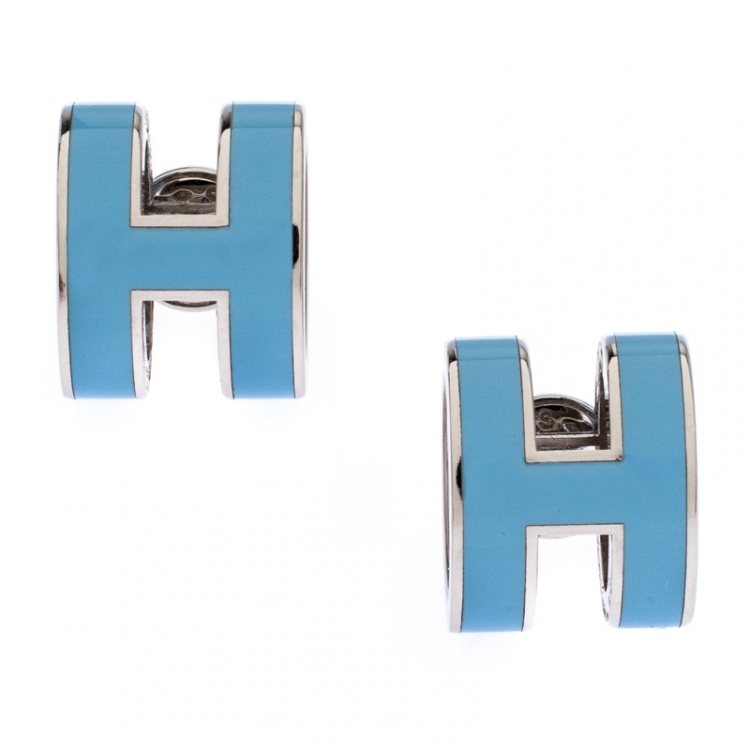 Pre Owned Hermes Pop H Blue Lacquered Palladium Plated Stud Earrings