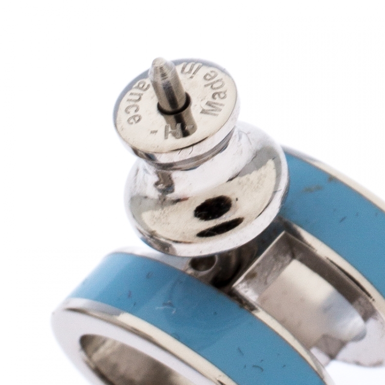 Pre Owned Hermes Pop H Blue Lacquered Palladium Plated Stud Earrings