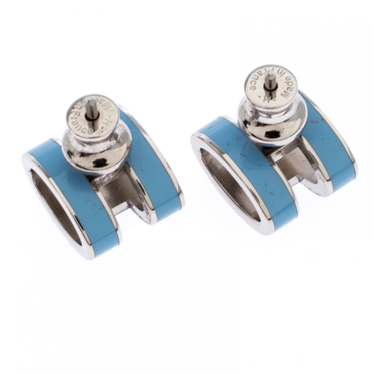 Pre Owned Hermes Pop H Blue Lacquered Palladium Plated Stud Earrings
