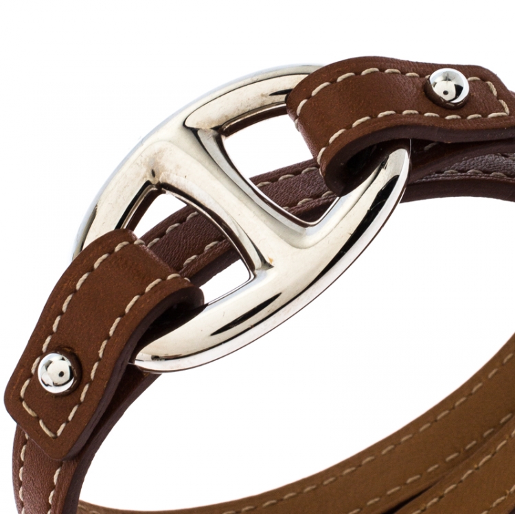 Pre Owned Hermès Brown Leather Granville Double Tour Bracelet M