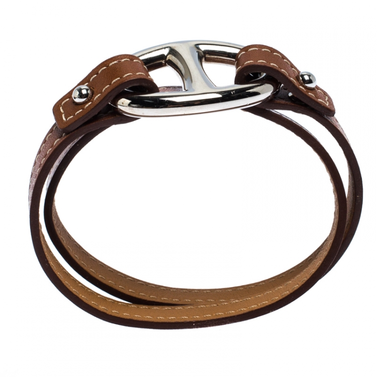 Pre Owned Hermès Brown Leather Granville Double Tour Bracelet M