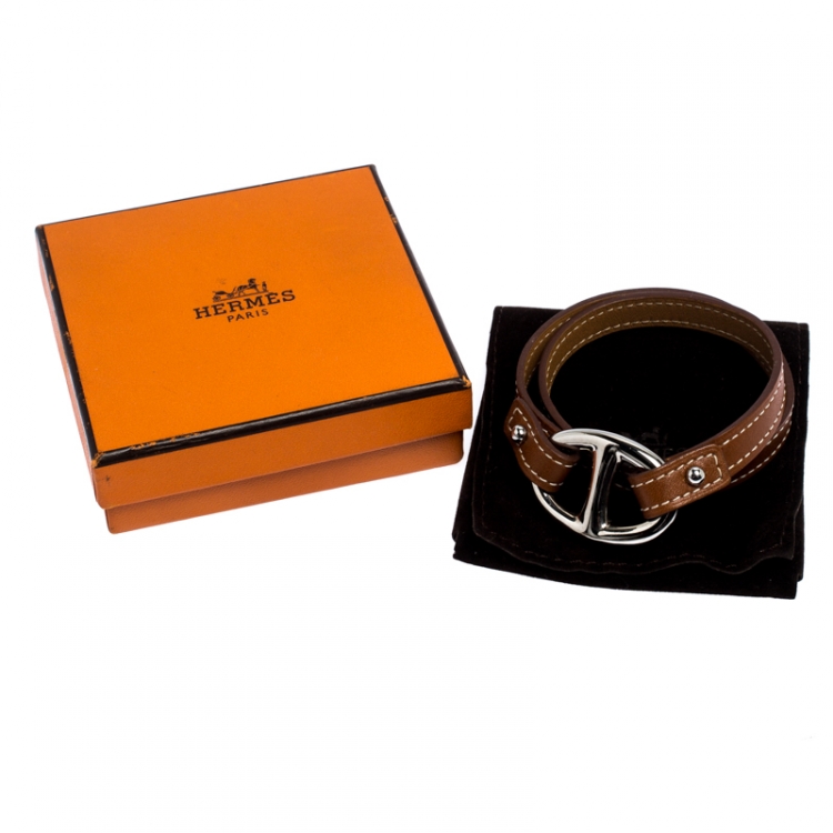 Pre Owned Hermès Brown Leather Granville Double Tour Bracelet M