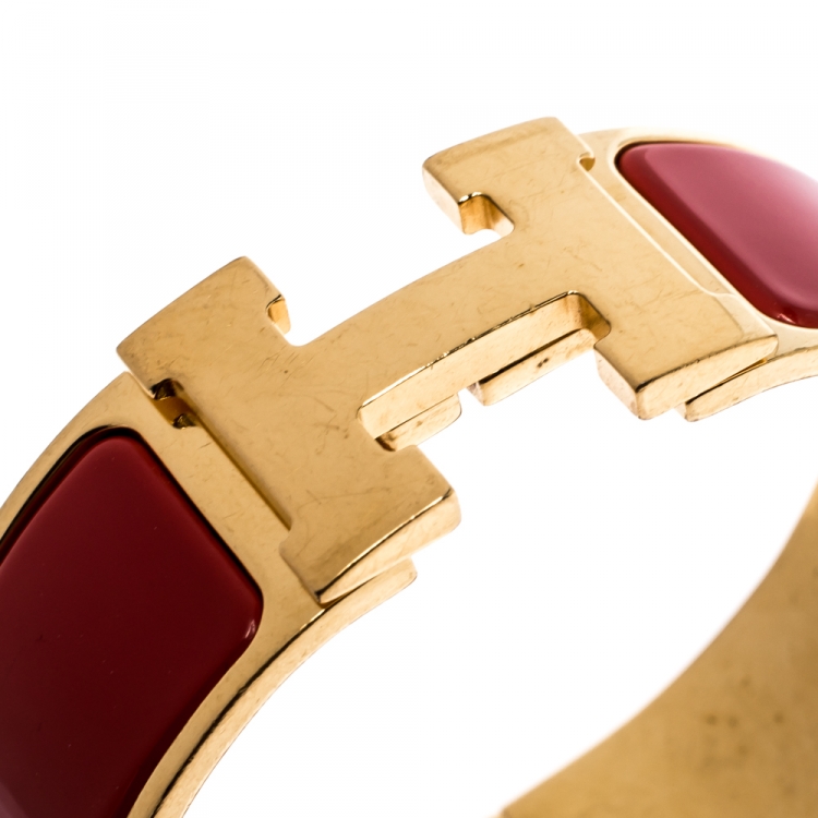 Pre Owned Hermès Clic Clac H Rouge Amarante Gold Plated Wide Bracelet PM