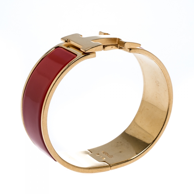 Pre Owned Hermès Clic Clac H Rouge Amarante Gold Plated Wide Bracelet PM