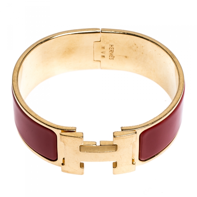 Pre Owned Hermès Clic Clac H Rouge Amarante Gold Plated Wide Bracelet PM
