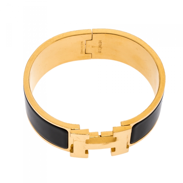 Pre Owned Hermes Clic Clac H Black Enamel Gold Plated Wide Bracelet PM