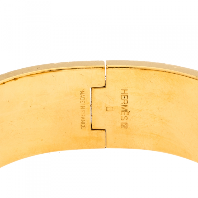 Pre Owned Hermes Clic Clac H Black Enamel Gold Plated Wide Bracelet PM