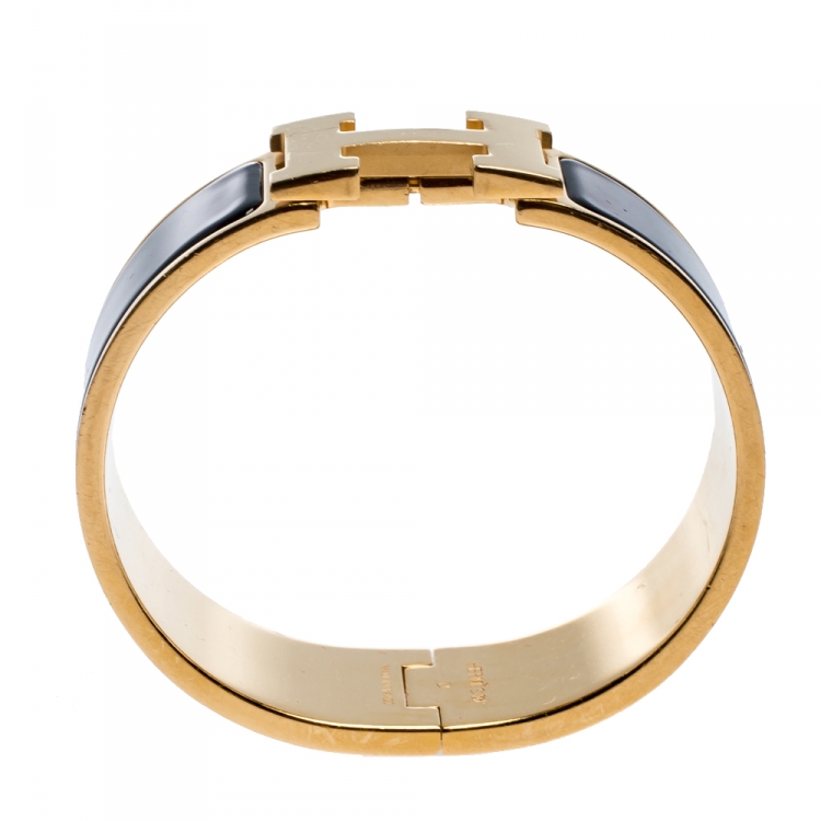 Pre Owned Hermes Clic Clac H Black Enamel Gold Plated Wide Bracelet PM
