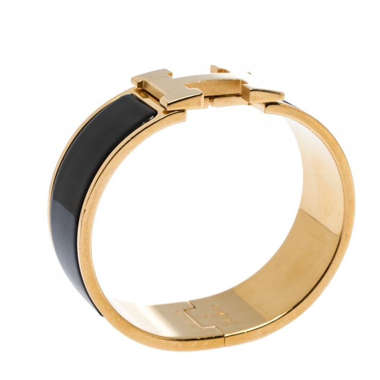 Pre Owned Hermes Clic Clac H Black Enamel Gold Plated Wide Bracelet PM