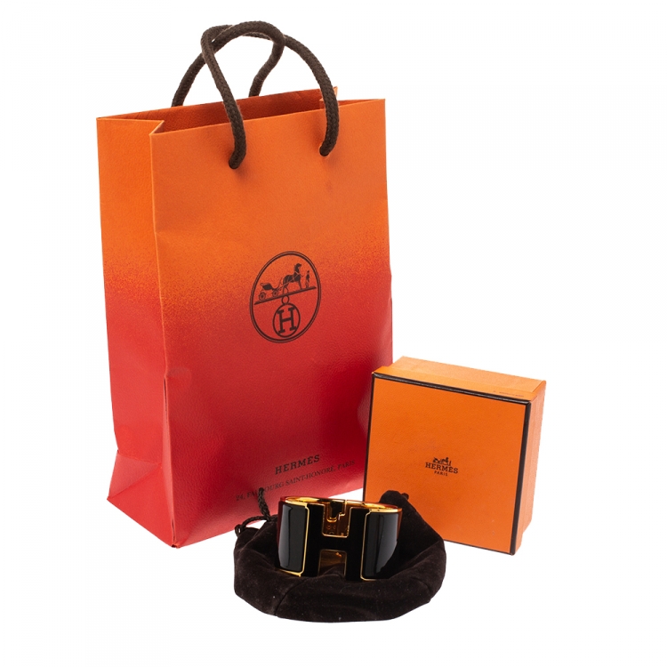 Pre Owned Hermès Clic Clac H Black Enamel Gold Plated Wide Bracelet PM