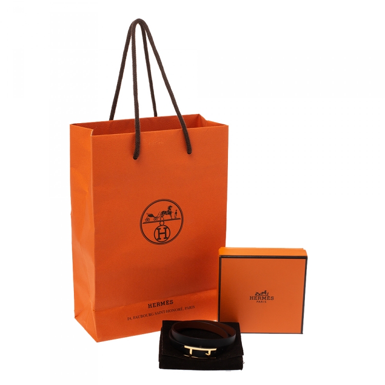 Pre Owned Hermes Behapi Black Leather Gold Plated Double Tour Reversible Bracelet M