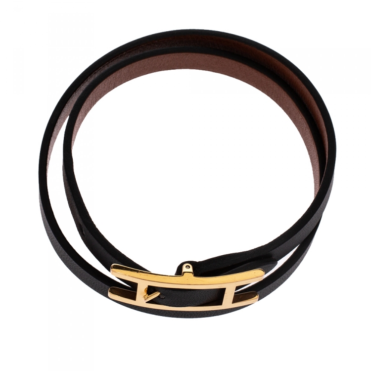 Pre Owned Hermes Behapi Black Leather Gold Plated Double Tour Reversible Bracelet M