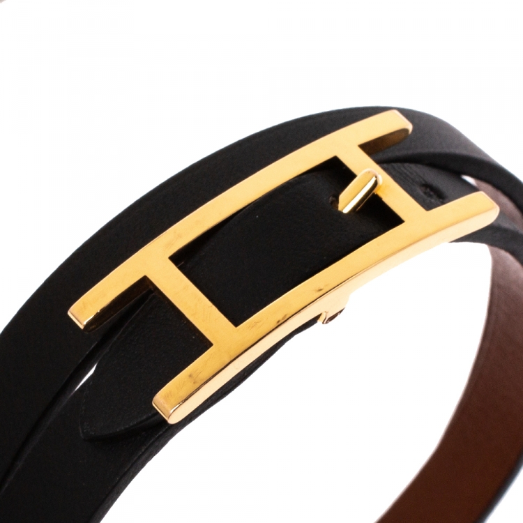 Pre Owned Hermes Behapi Black Leather Gold Plated Double Tour Reversible Bracelet M