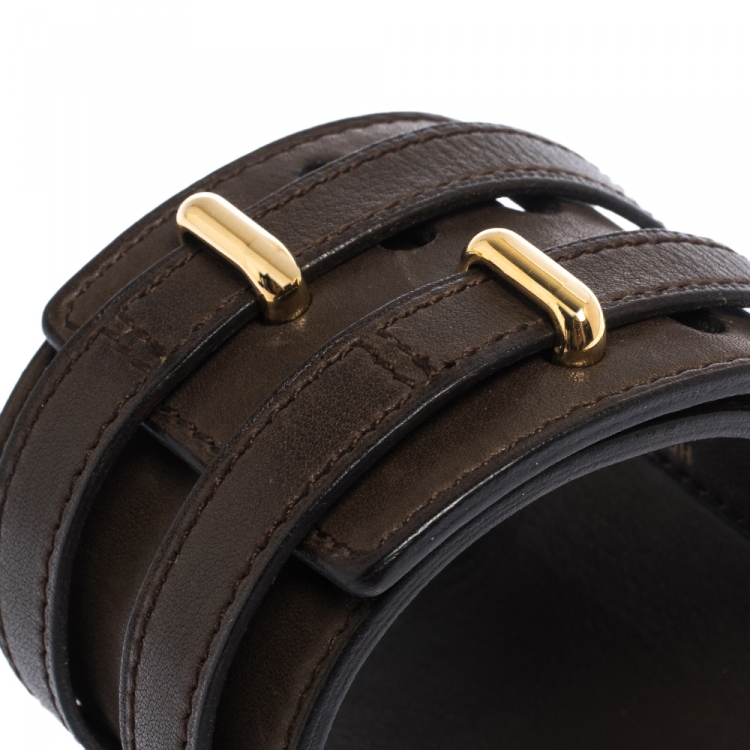 Pre Owned Hermes Brown Leather Gold Plated Wide Cuff Adjustable Bracelet 