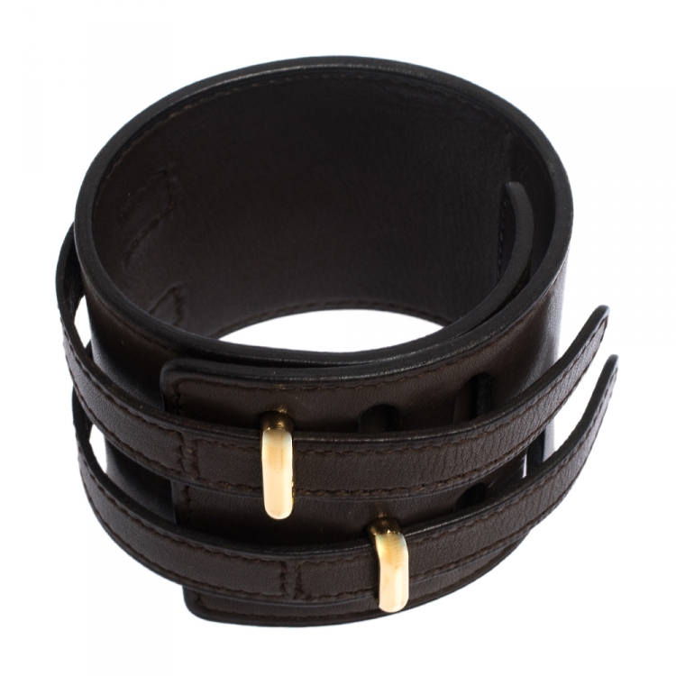 Pre Owned Hermes Brown Leather Gold Plated Wide Cuff Adjustable Bracelet 