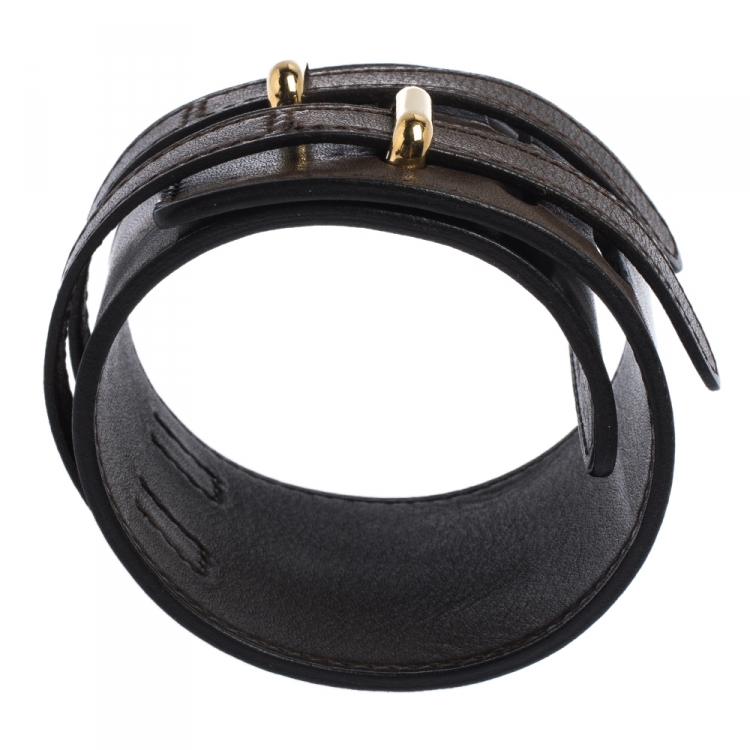 Pre Owned Hermes Brown Leather Gold Plated Wide Cuff Adjustable Bracelet 