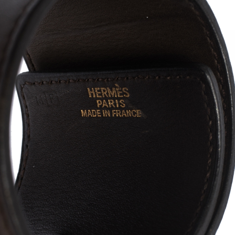 Pre Owned Hermes Brown Leather Gold Plated Wide Cuff Adjustable Bracelet 