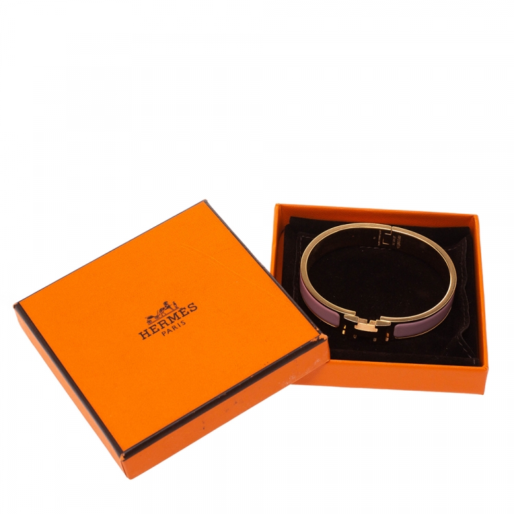 Pre Owned Hermes Clic H Rose Dragee Enamel Gold Plated Narrow Bracelet PM