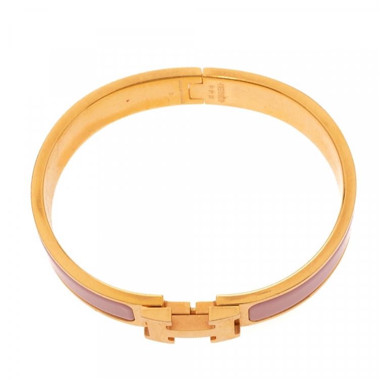 Pre Owned Hermes Clic H Rose Dragee Enamel Gold Plated Narrow Bracelet PM