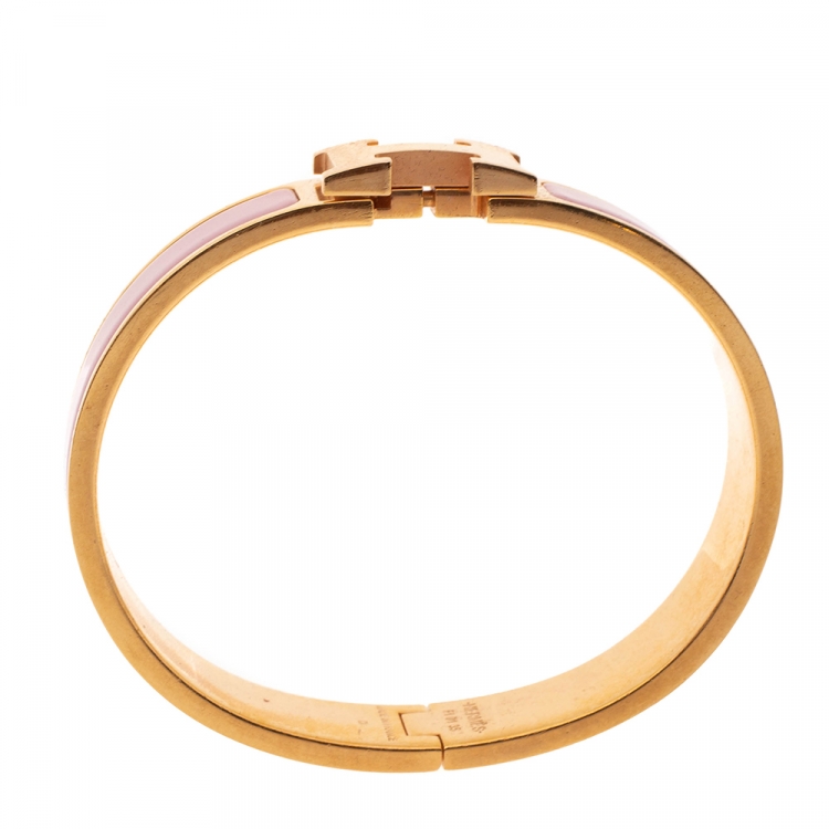 Pre Owned Hermes Clic H Rose Dragee Enamel Gold Plated Narrow Bracelet PM