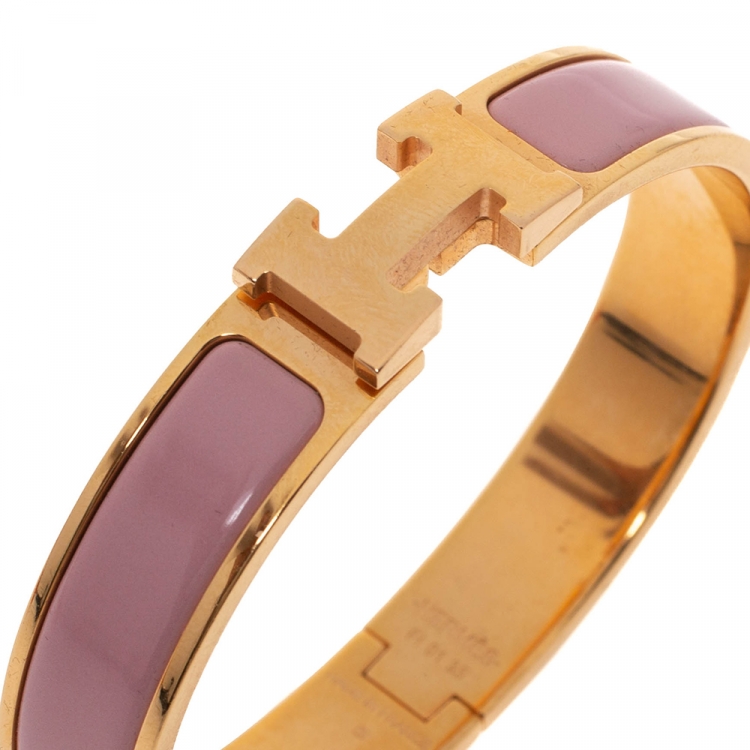 Pre Owned Hermes Clic H Rose Dragee Enamel Gold Plated Narrow Bracelet PM