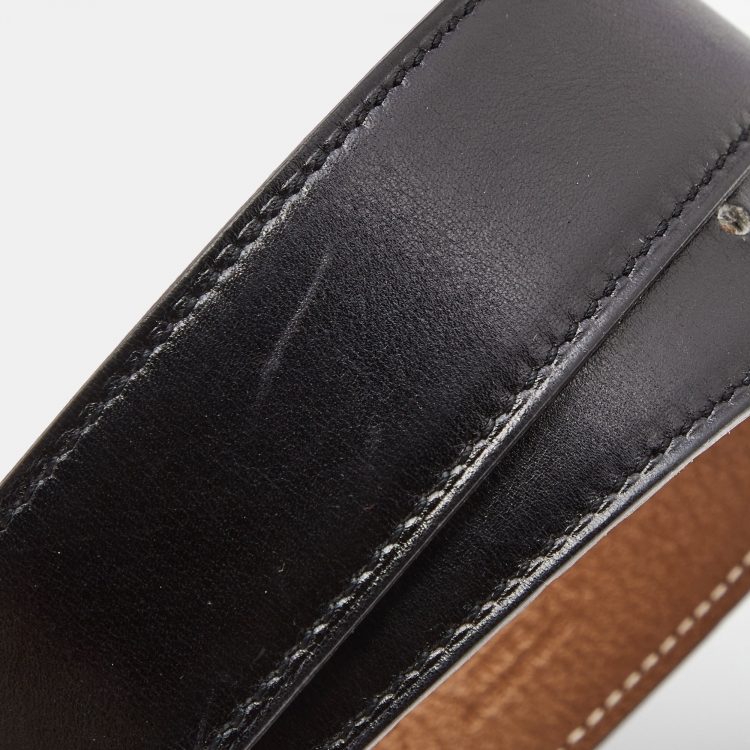 Pre Owned Hermes Black/Gold Togo and Box Leather H Reversible Buckle Belt 85CM