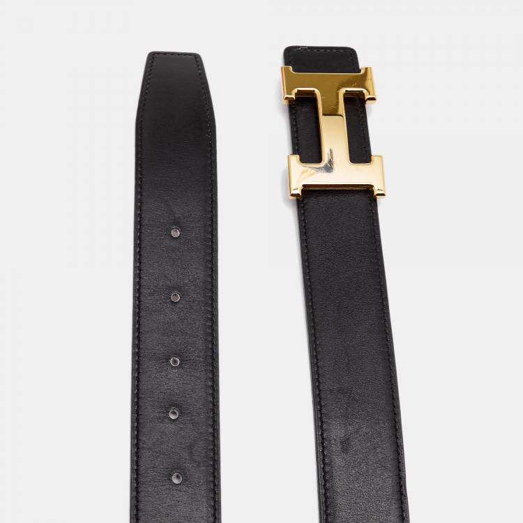 Pre Owned Hermes Black/Gold Togo and Box Leather H Reversible Buckle Belt 85CM