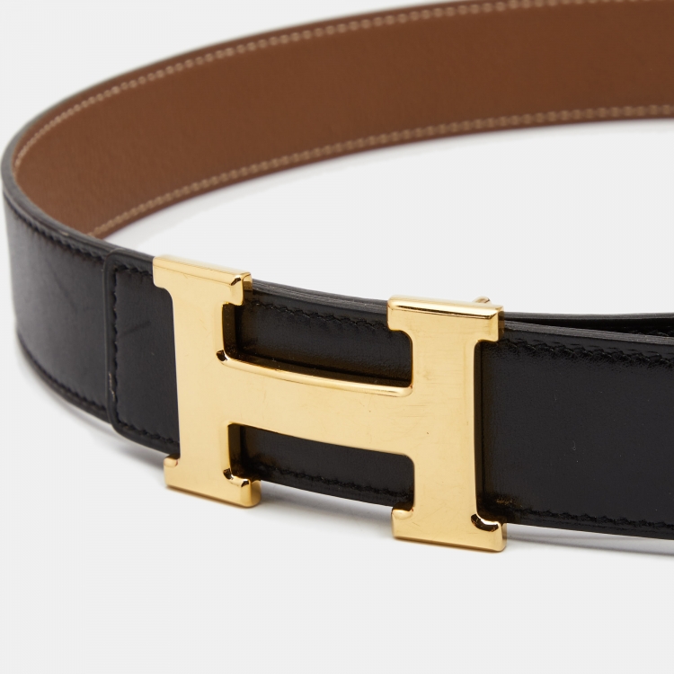 Pre Owned Hermes Black/Gold Togo and Box Leather H Reversible Buckle Belt 85CM
